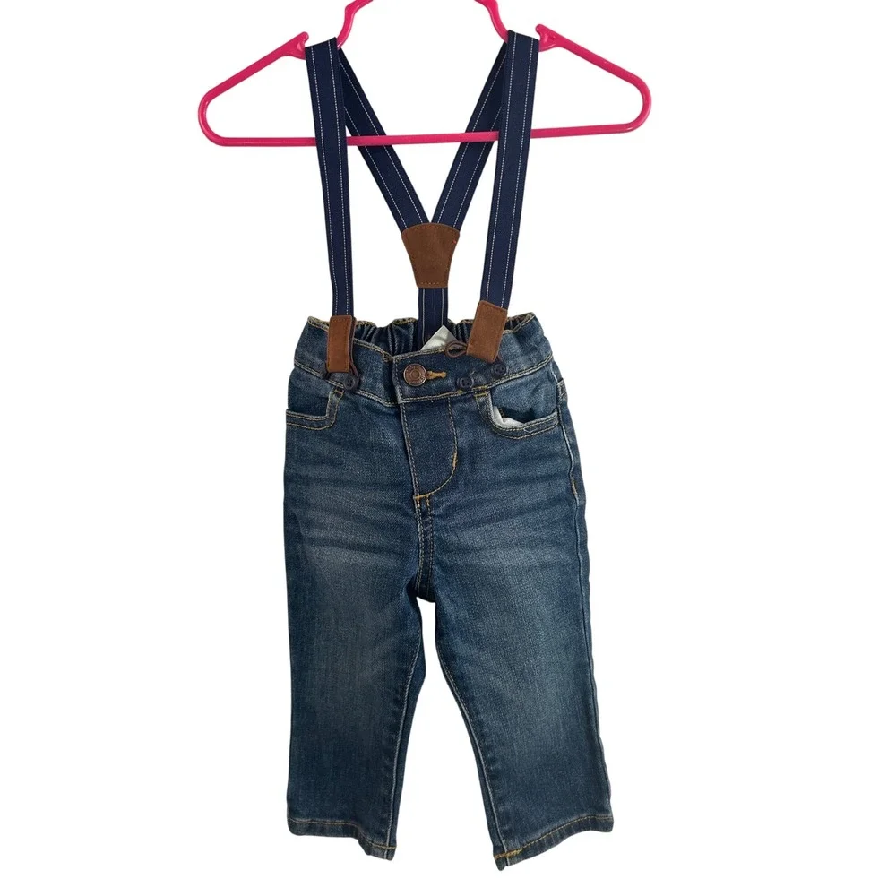 OshKosh B'gosh Suspender Jeans 6M Blue Striped Elastic Waist Baby Boys